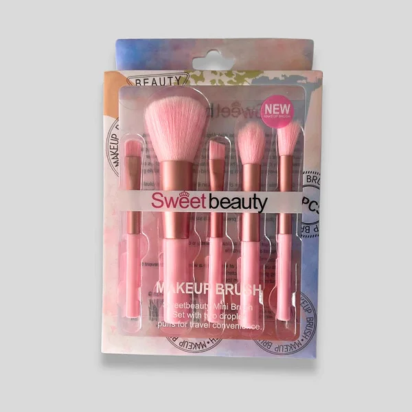 Kit 5 Pincéis de Maquiagem Rosa com Cabo Metalizado - Cores Sortidas