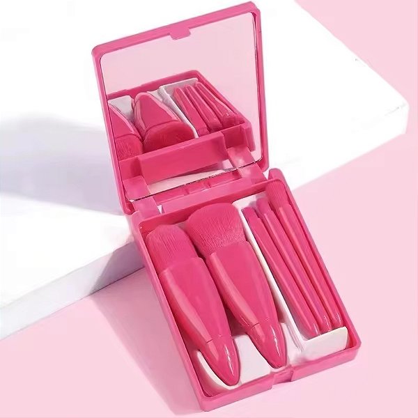 Kit Mini Kit De Pincéis De Maquiagem Com Espelho Portátil Estojo Compacto Viagem 5 Pincéis - Cores Sortidas