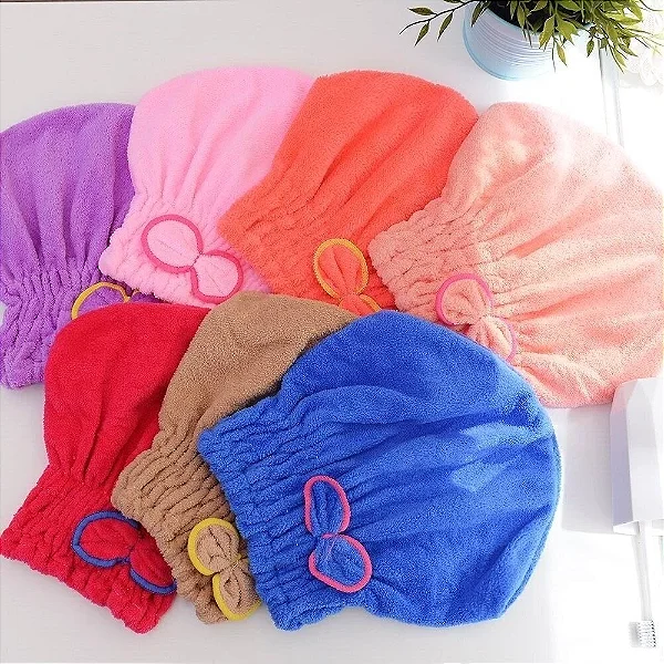 Touca de Banho Microfibra Secar Cabelo Elástico com Lacinho - Cores Sortidas