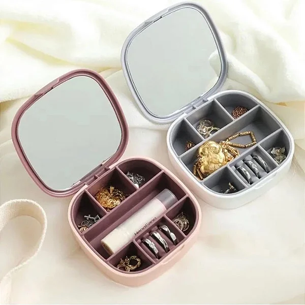 Mini Porta Joias Com Espelho Compacto 7 Compartimentos 10 cm - Cores Sortidas