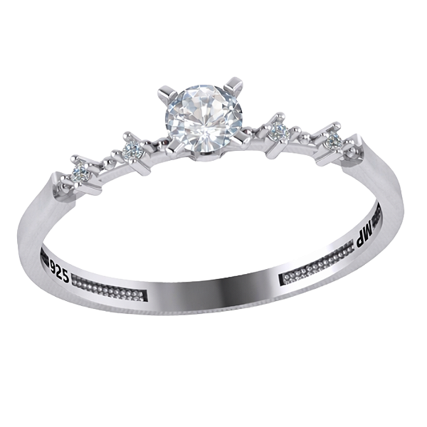 Anel Solitário Prata 925 com Zircônia Central e Laterais Delicadas