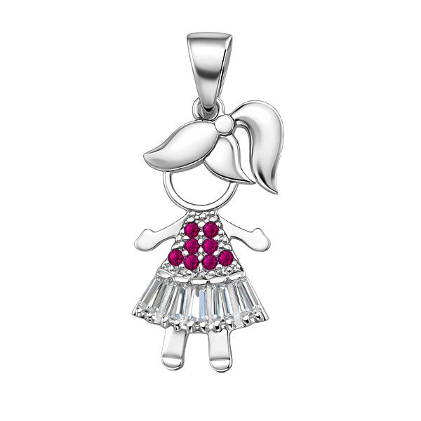 Pingente Menina Prata 925 com Zircônias Rosa e Brancas