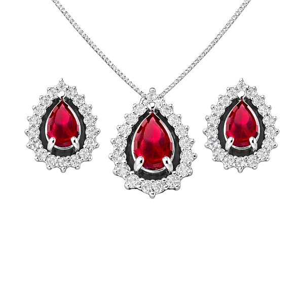 Conjunto Gota Prata 925 com Zircônia Vermelha e Brancas