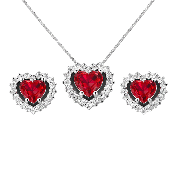 Conjunto Coração Prata 925 com Zircônia Vermelha e Brancas