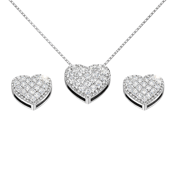 Conjunto Coração Prata 925 com Zircônias Brancas Cravejadas