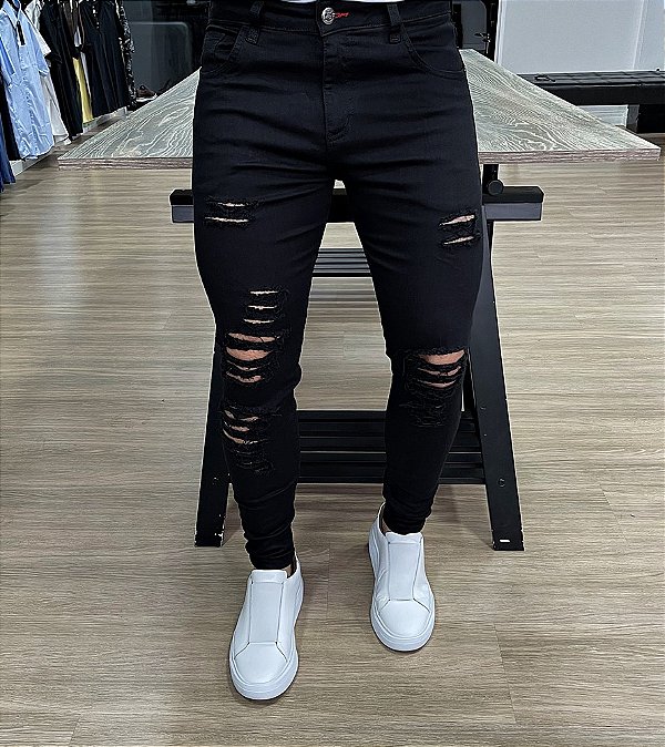Calça Jeans super skinny black destroyed - Moda Masculina