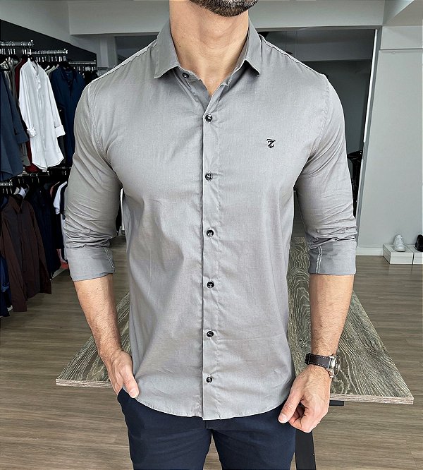 Camisa tricoline cinza claro - Moda Masculina