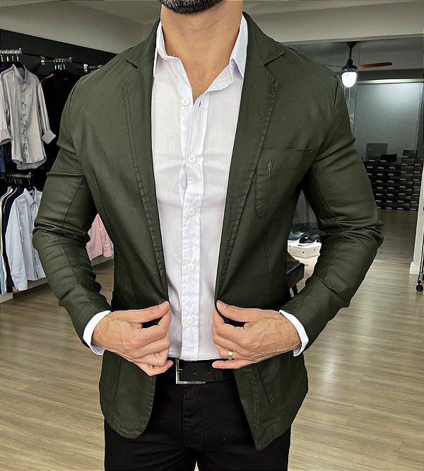 Blazer slim fit resinado zip-off verde militar - Moda Masculina
