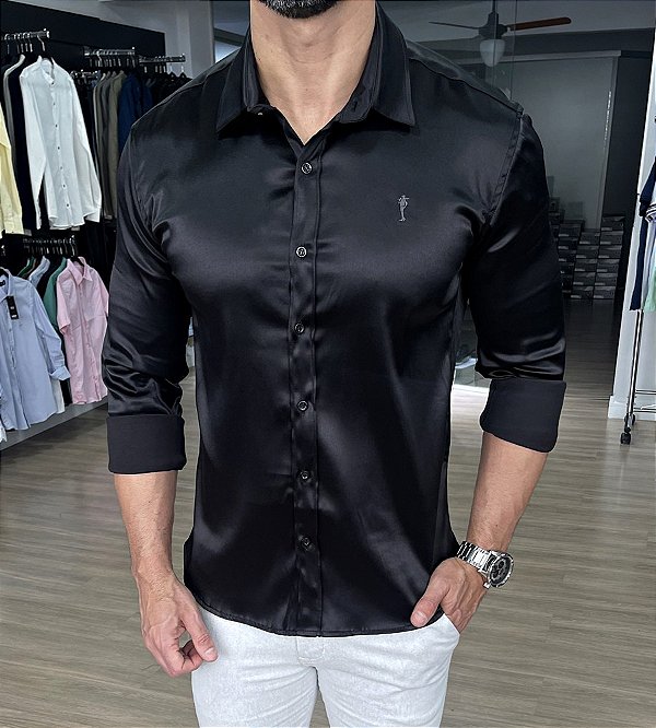 Camisa cetim slim fit zip-off preto - Moda Masculina