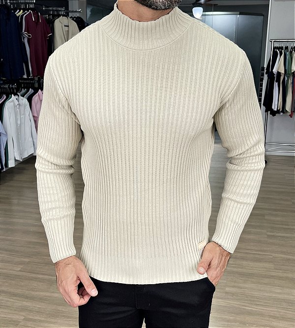 Suéter Tricot Canelado Areia - Moda Masculina