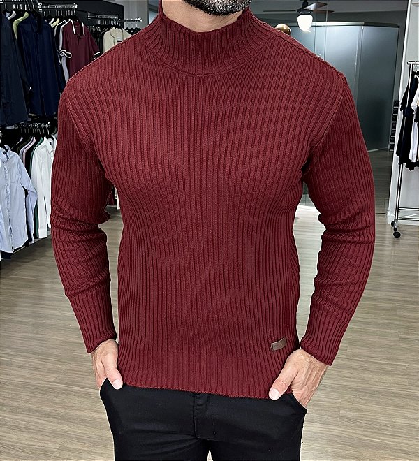 Suéter Tricot Canelado Bordô - Moda Masculina
