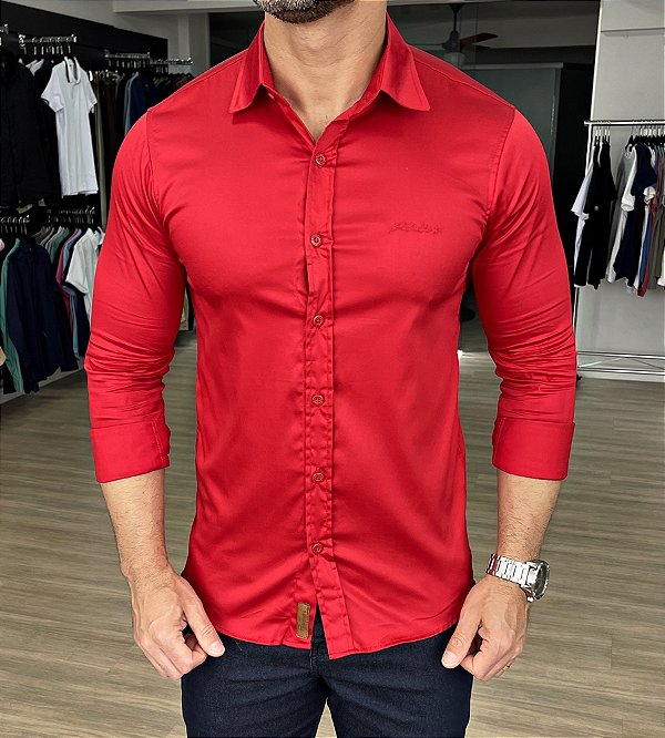 Camisa Slim Fit Roger Vermelho Acetinado - Moda Masculina