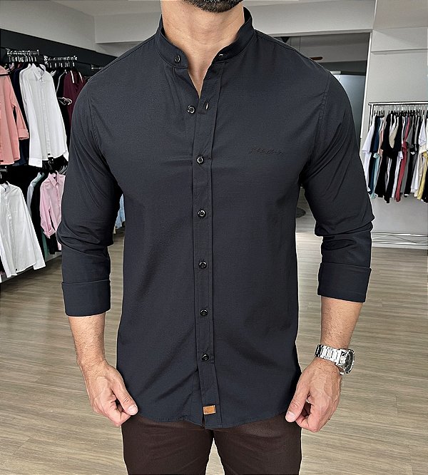 Camisa Gola Padre Slim Fit Essential Preto - Moda Masculina