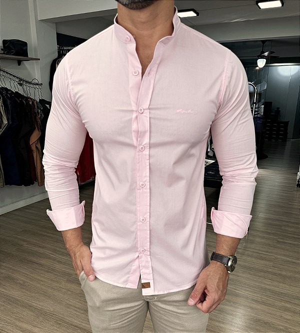 Camisa Gola Padre Slim Fit Essential Rosa bb - Moda Masculina