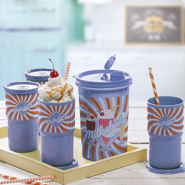 Conjunto Guarda Suco + Copos MilkShake Kit 5 Peças Azul