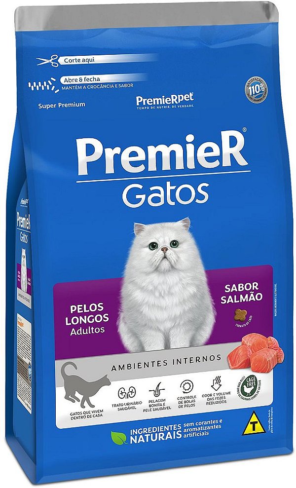 Ração Premier Ambientes Internos Pelos Longos Para Gatos Adultos Sabor Salmão