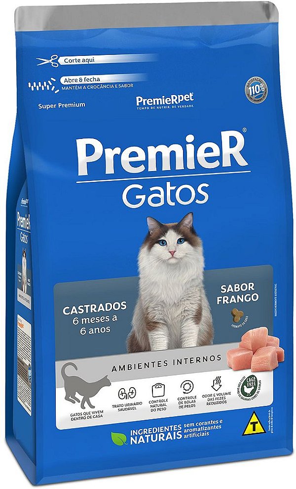 Ração Premier Pet Ambientes Internos Gatos Castrados de 6 meses a 6 anos Frango