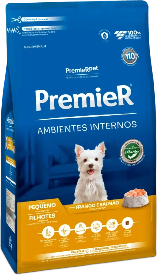 Ração Premier Pet Ambientes Internos Cães Filhotes Frango e Salmão