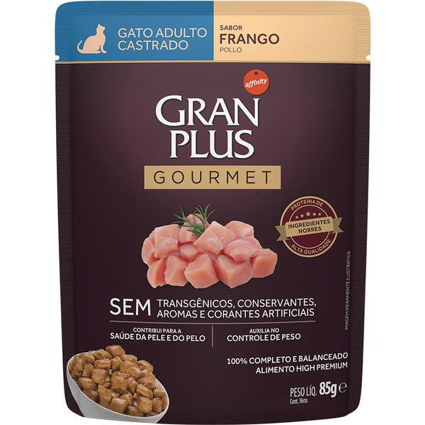 Ração Úmida Gran Plus Sachê Gourmet Frango para Gatos Castrados Adultos 85g