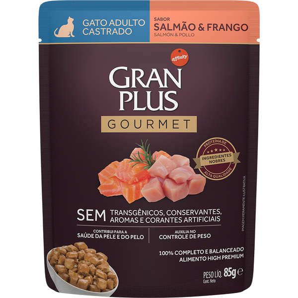 Ração Úmida Gran Plus Gourmet Sachê Salmão & Frango para Gatos Castrados