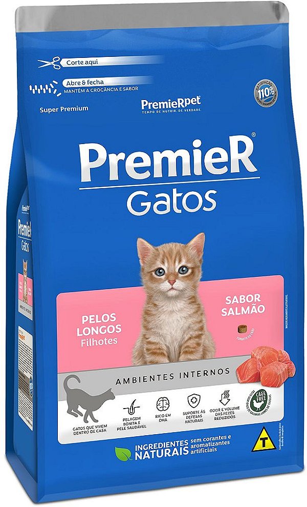 Ração Premier Pet Ambientes Internos Gatos Filhotes Pelos Longos Salmão