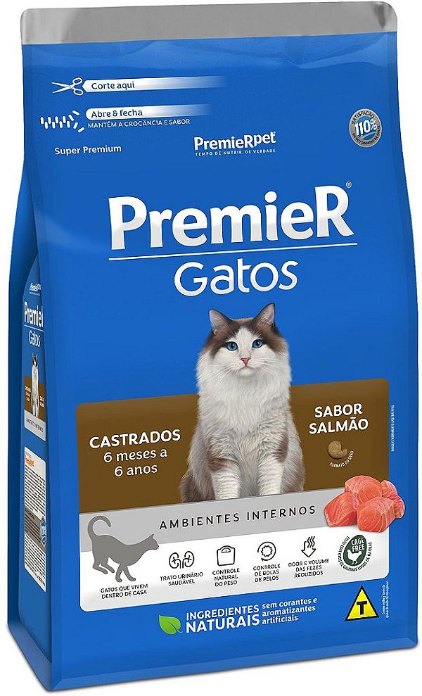 Ração Premier Pet Gatos Castrados de 6 meses a 6 anos Ambientes Internos Salmão