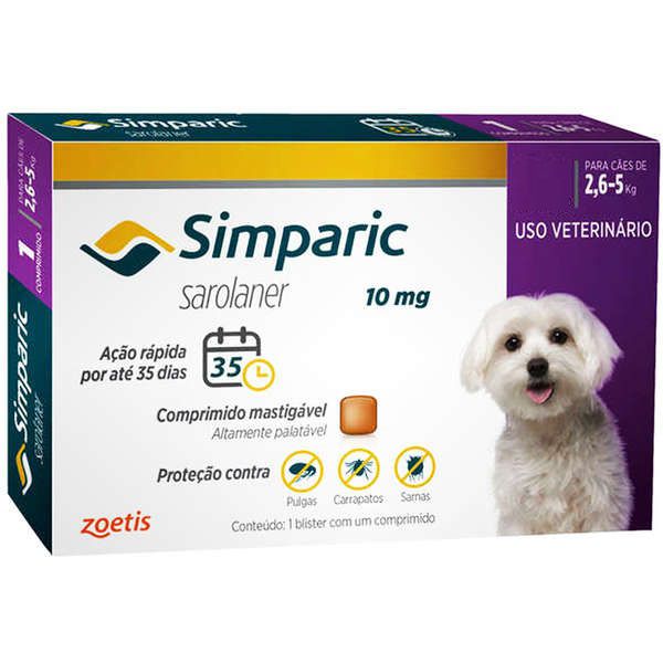 Antipulgas Zoetis Simparic 10mg para Cães 2,6 a 5 Kg