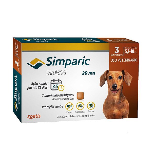 Antipulgas Zoetis Simparic 20mg para cães 5,1 a 10 Kg