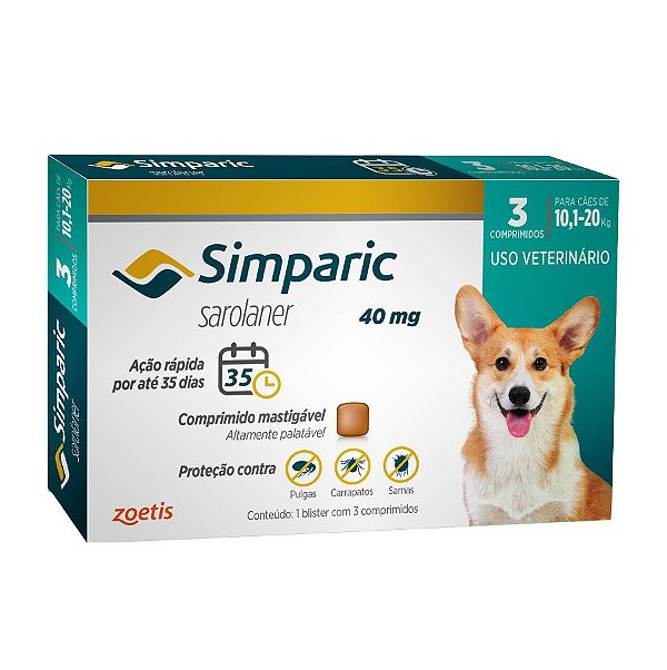 Antipulgas Zoetis Simparic 40mg para cães 10,1 a 20 kg