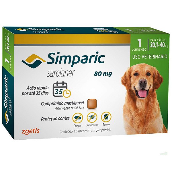 Antipulgas Zoetis Simparic 80mg para Cães 20,1 a 40 Kg