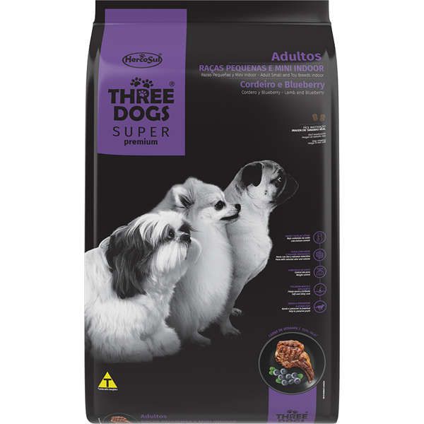 Ração Three Dogs Super Premium Cordeiro e Blueberry para Cães Adultos Raças Pequenas e Mini