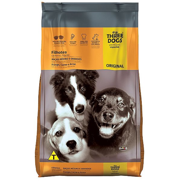 Ração Three Dogs Original Frango, Carne e Arroz para Cães Filhotes Raças Médias e Grandes