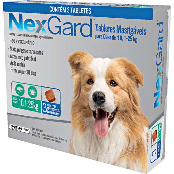 Antipulgas e Carrapatos NexGard 68 mg para Cães de 10,1 a 25 Kg- 3 tabletes
