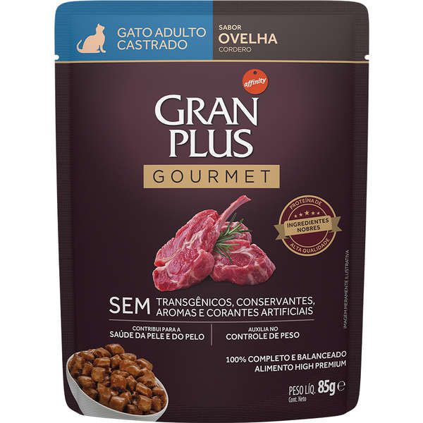 Ração Úmida Gran Plus Gourmet Sachê Ovelha para Gatos Castrados 85g