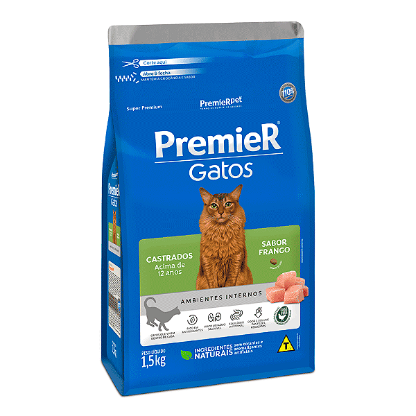 Ração Premier Ambientes Internos para Gatos Adultos Castrados 12+ Sabor Frango 1,5 Kg