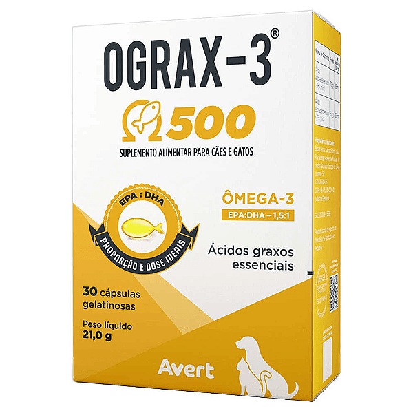 Suplemento Avert Ograx-3 500mg 30 Cápsulas para Cães e Gatos