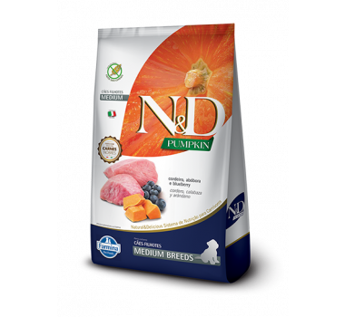 Ração Farmina N&D Pumpkin Cordeiro, Abóbora e Blueberry para Cães Filhotes Raças Médias 10,1Kg
