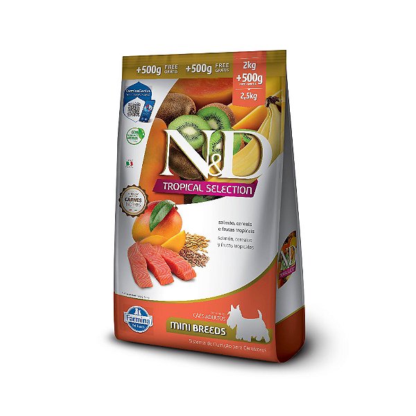 Ração Farmina N&D Tropical Selection Cães Adultos Mini Sabor Salmão, Cereais e Frutas Tropicais 2kg + 500g Grátis