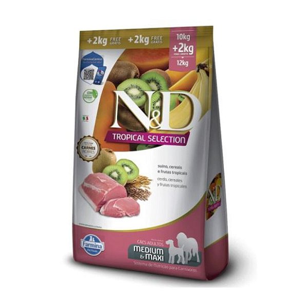 Ração Farmina N&D Tropical Selection para Cães Adultos de Porte Médio e Grande Sabor Suíno, Cereais e Frutas Tropicais 10 + 2Kg Grátis