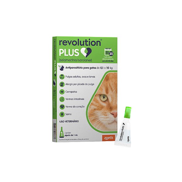 Antiparasitário Revolution Plus Zoetis para Gatos de 5,1 kg a 10 kg - 1 ml 3un.