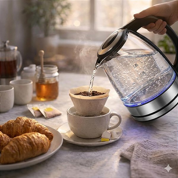 CHALEIRA ELÉTRICA DE VIDRO 1,8L 1000W COM DESLIGAMENTO AUTOMÁTICO BASE 360°