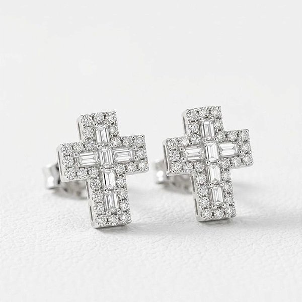 Brinco Prata 925 Moissanite - Cruz 9x7mm