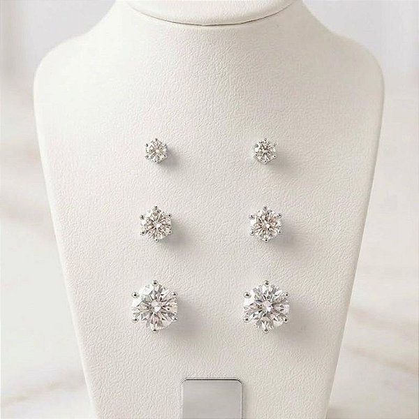 Kit de brincos trio com banho de prata e zircônia transparente