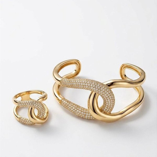 Conjunto Anel e Bracelete Entrelaçado Ouro 18k Cravejado