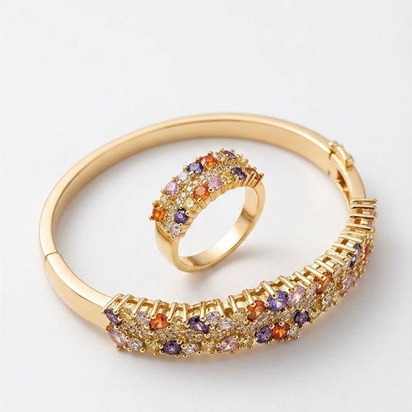 Conjunto Anel e Bracelete Buque Colorido Zirconia Banho de Ouro 18k