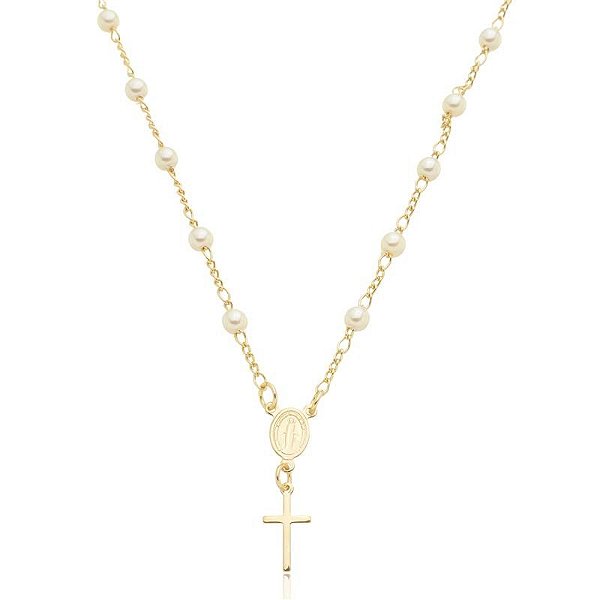 Pulseira com Perólas e Cruz Banhada Ouro 18k e Prata