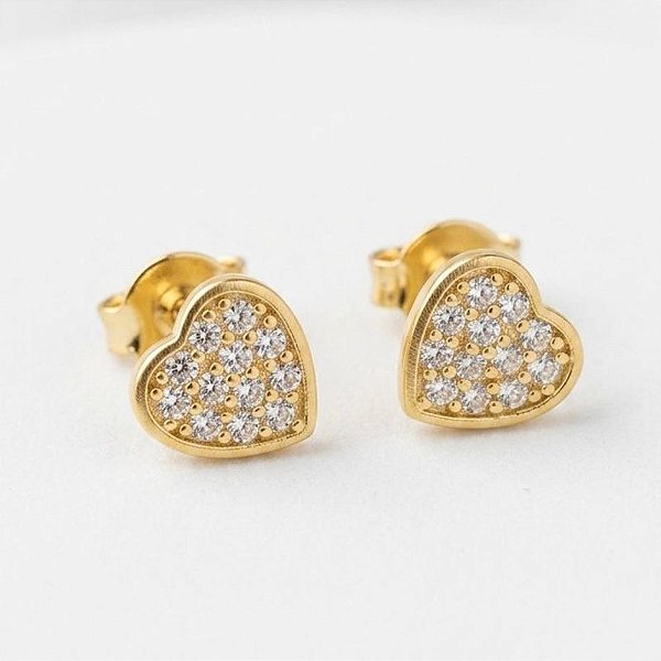 Brinco Coração Cravejado Zirconia Banho Ouro 18k e Banho Prata