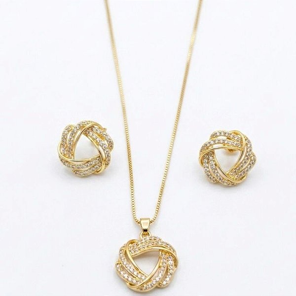 Conjunto Entrelaçao Zirconia Banho Ouro 18k e Prata