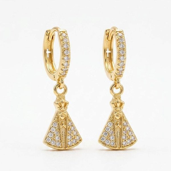 Brinco Argola Cravejada Religiosa Banho Ouro 18k