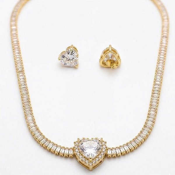 Conjunto Riviera Coração Colar e Brinco Ouro 18k